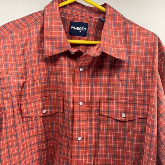 Wrangler Pearl Snap Long Sleeve Burnt Orange Blue Plaid Western XL Shirt NFR - Picture 2 of 6